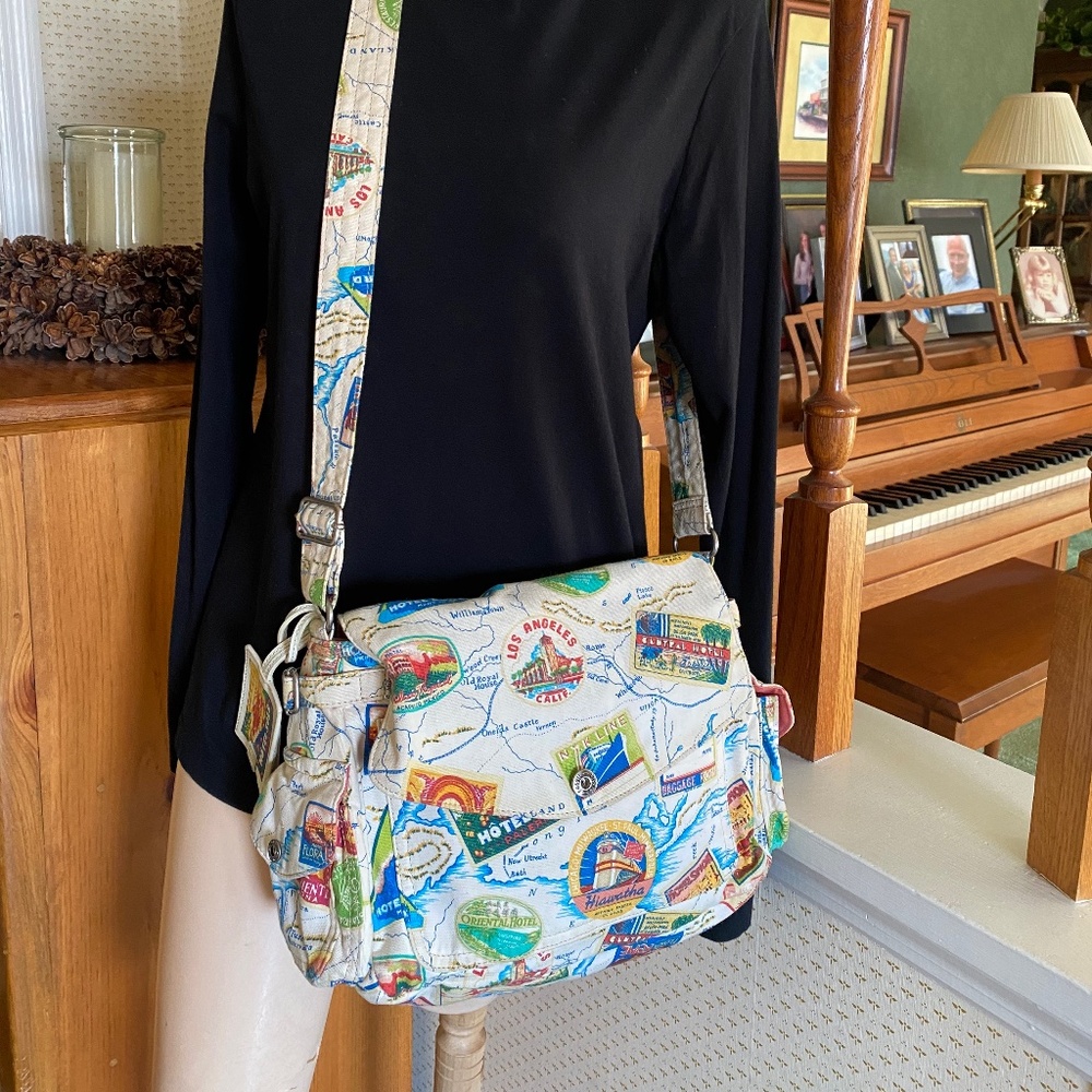 Canvas Travel-Print Crossbody Bag - Cream Multicolor